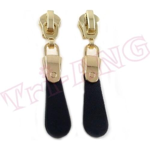20pcs/lot, 5# Gold Color Zipper Sliders w/ Black Leather Pulls Fashional Clothes/Bags Accessories