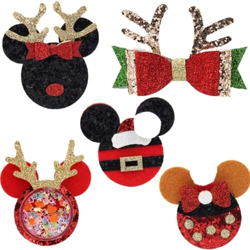 2pcs Glitter Mouse For Christmas Party Hairpin Applique Decor Accessories Deer Head For Baby Girl DIY