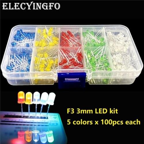 5 colors x100pcs F3 3mm Red blue yellow green white DIP LED lamp beads kit box