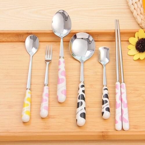 6pcs ceramic handle Stainless Steel cutlery Knife fork Teaspoon stirring Dinnerspoon Cartoon Tableware Children Dinnerware Set