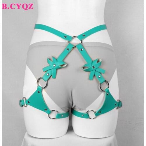 B.CYQZ Gothic Bowknot Garters Decoration Fashion Harness Women Tight Waist Belt Green PU Punk Suspenders Ladies 2021 Hot Sale