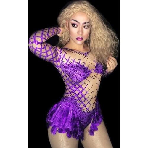 Violet Sexy Women Crystal Grid Fringe Long Sleeves Bodysuits Female Fashion Nightclub Style Skinny DJ Dance Performance Costumes