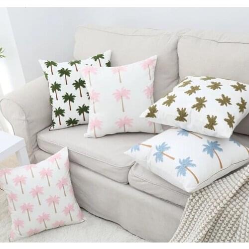 Home Decorative Embroidered Palm Tree Cushion Cover Pink Green Blue Canvas Cotton Square Embroidery Pillow Cover 45x45cm