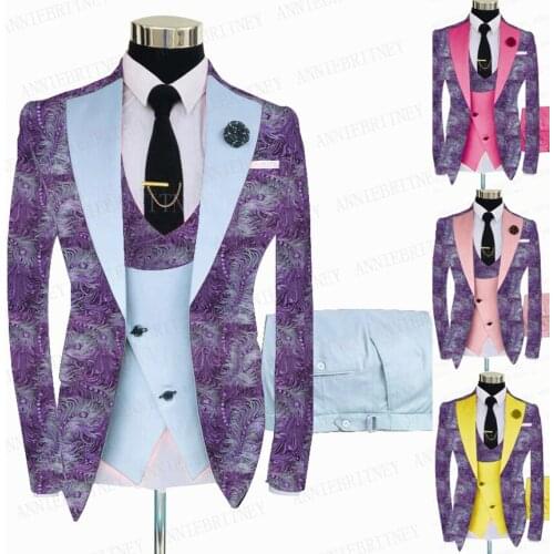 Purple Floral Printed Men Suit Slim Fit Formal Groom Wedding Shiny Jacket Prom Suit Blazer Double Breasted Vest Pants 3 Pieces