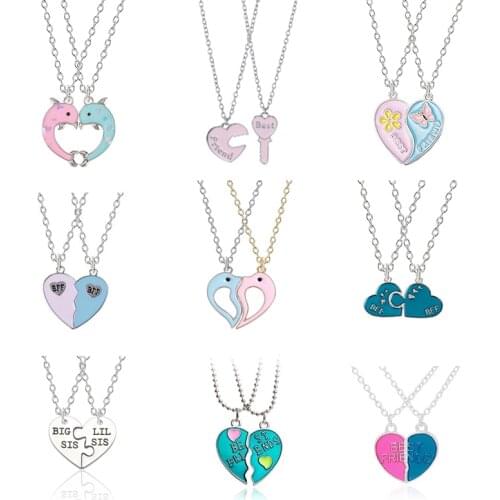 Hot Couple Pink Blue Heart Broken Best Friends Necklace Pendant Chain BFF Friendship Cute Jewelry Gifts For Kids 2PCS/Set