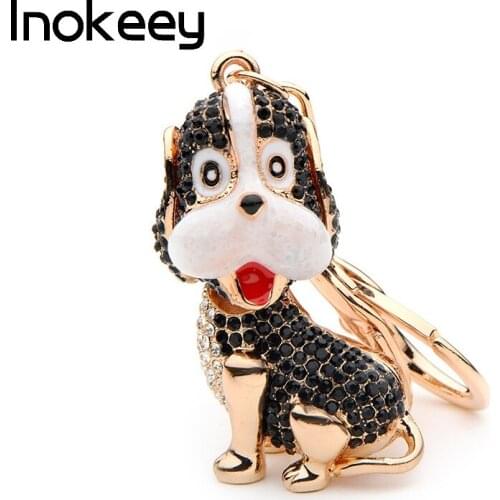 Inokeey Black Rhinestone Enamel Dog Key Chain Women Metal Beautiful Animal Bag Key Ring Fashion High Quality Gifts