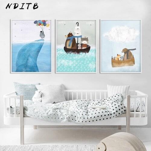 Watercolor Animal Whale Bear Nursery Poster Wall Art Print Canvas Painting Nordic Kids Decorative Picture Baby Room Decoration