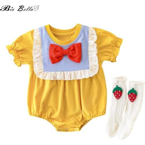 Newborn Infant Baby Girls Set Cotton Short Sleeve Yellow Bodysuit+Socks 2pcs Suit Red Bow Bibs Decor Girl Outfits Kids Clothes