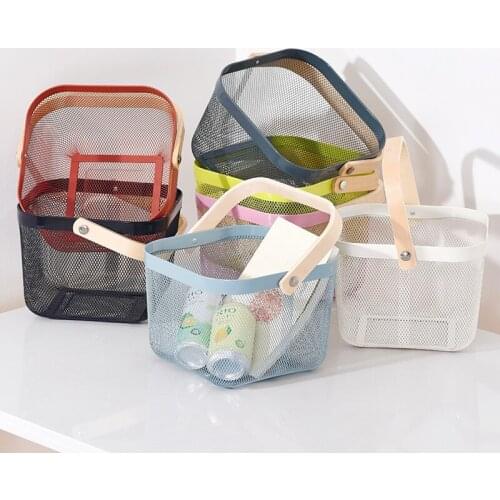 Home Kitchen Bathroom Storage Basket Iron Basket Portable Storage Basket Wood Handle Fruit and Vegetable Basket