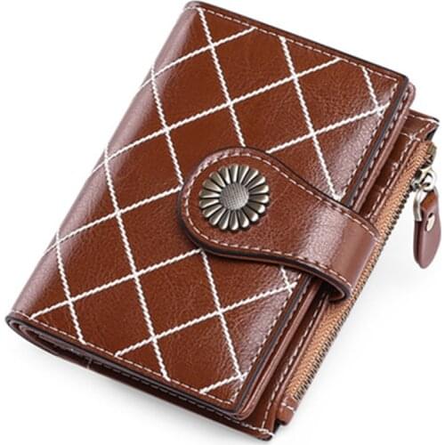 2021 New Womens Wallet Oil Wax Cowhide Embroidered Womens Money Bag RFID Wallets Fashion Card Holder Zip Coin Purse Billetera