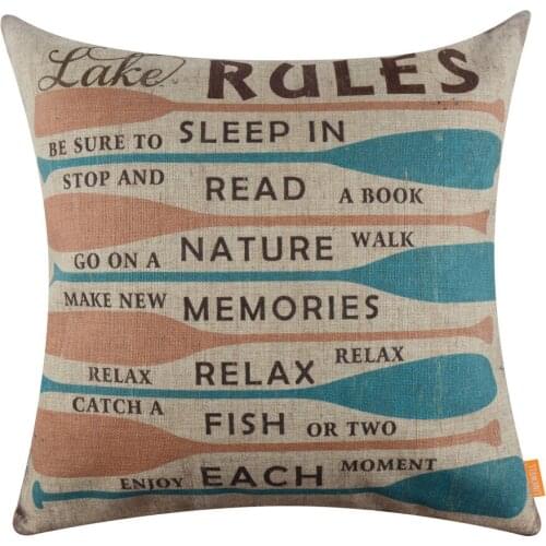 LINKWELL 18"x18" Vintage Lake Rules Relax Oars Enjoy Each Moment Leisure Time Happy Hour Quote Burlap Pillow Cover Cushion Cover