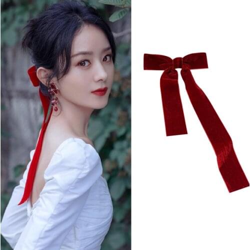 Lystrfac Vintage Black Red Velvet Bow Hairpin for Women Female Long Ribbon Headdress Hairclip Bow Top Clip Hair Accessories