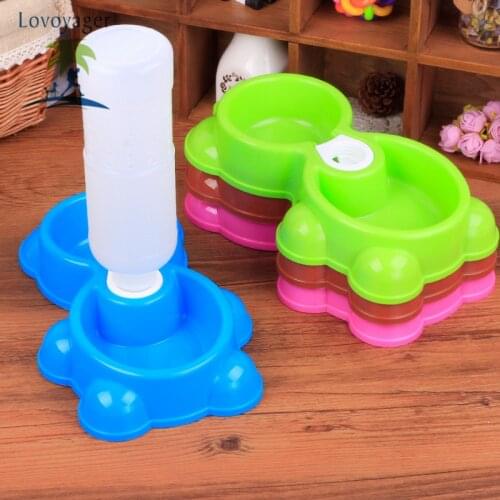 Cute Portable Plastic Dual Port Automatic Food Bowl Water Dispenser Feeder Water Drinking Feeding Basin Bowls For Pet Dog Cat