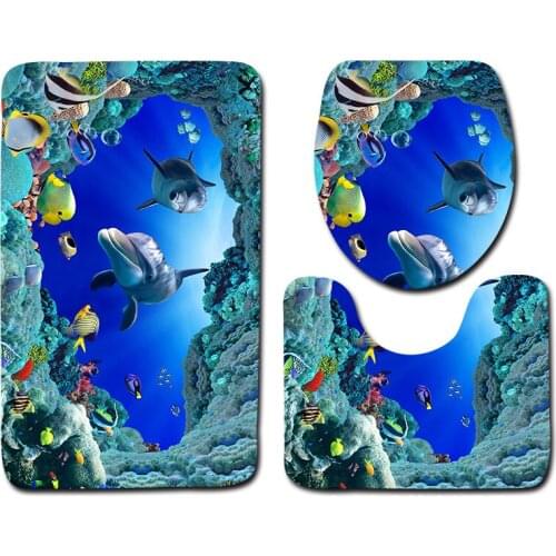 Fashion 3Pcs/Set Bathroom Non-Slip 3D Dolphin Carpet Mat Rug Blue Ocean Style Pedestal Rug + Lid Toilet Cover + Bath Mat
