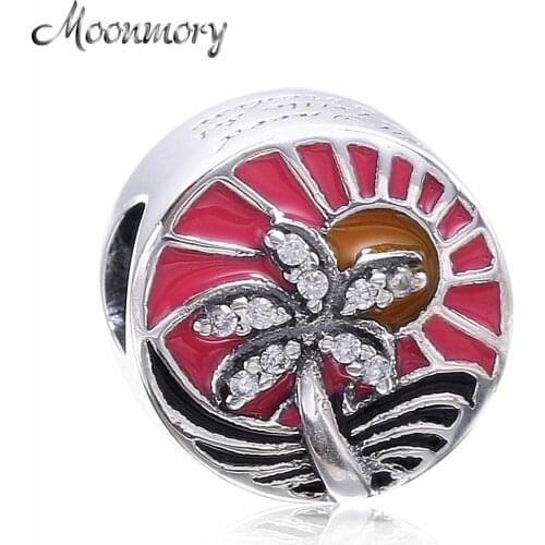Moonmory Tropical Paradise Sunset Silver charm 925 Sterling Silver Bead With CZ Colorful Enamel Fit Brand Bracelet DIY Jewelry
