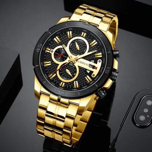 2019 Hot Curren Mens Quartz Watches Men Good Quality Casual Accessory Gold Stainless Steel Strap Military Chronograph C