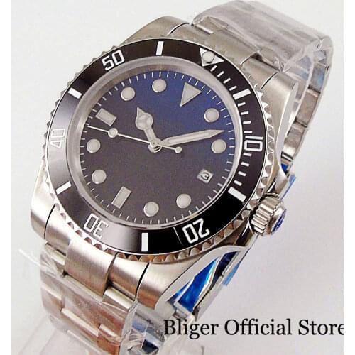 BLIGER BLUE BLACK Sterile Dial Men Wristwatch Mechanical NH35 MIYOTA Brushed Bracelet Screw Crown Sapphire Glass No Magnifier