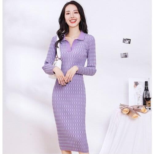 Autumn Winter New Fashion Style Womens Knit Plaid Slim Long Dress Korean Style Elastic Waist Long Sleeve A-line Dress