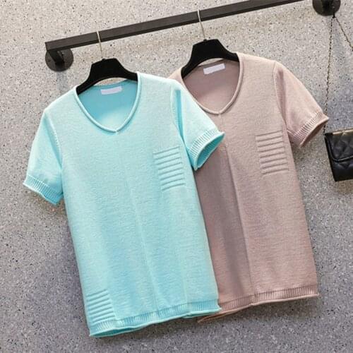 Size women short sleeve ice silk knit thin T-shirt Summer short sleeve V neck casual solid Oversized sweater sueters de mujer