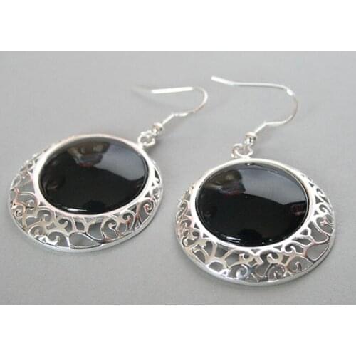 925 Sterling Silver Hook Natural Black stone Onyx Coin Beads Earrings 2"