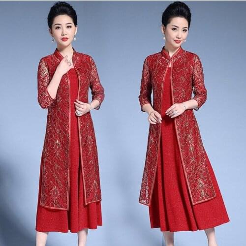 Spring Fall Vintage Chinese Womens Mandarin Collar Lace Sequined Qipao Dress , 5xl Red Glitters Cheongsam Dresses Set for Women