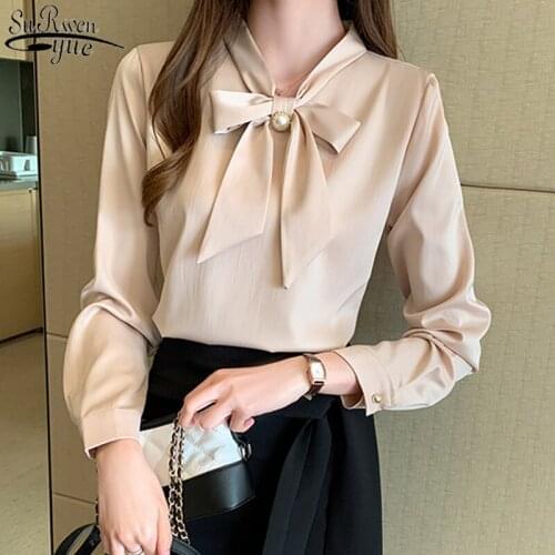 Autumn New Bow Satin Long-Sleeve Shirt Women Plus Size Pullover Ladies Tops 2021 Office Lady Solid Beading Women Blouse 10496