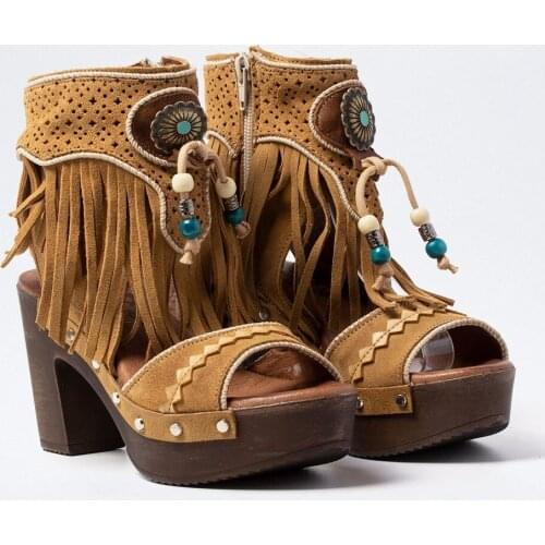 Womens Open Toe High Thick Heeled Sandals 2021summer Bohemian Tassels Zippers Square Heels High Heel Ladies Fashion Shoes