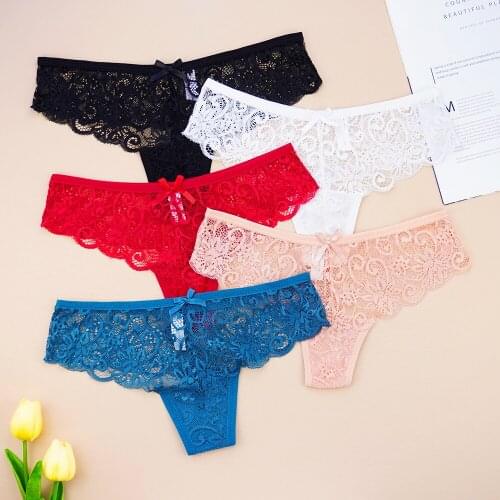 5pcs/lot Women G String Lace Panties Sexy Hollow Low Waist Thongs Tanga Transparent Thongs Solid Color Plus Size S-4XL
