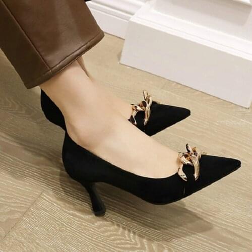 Sianie Tianie Faux Suede Pointed Toe Lady Stilettos Black Nude Thin High Heels Womens Office Pumps With Metal Chain Size 34-48