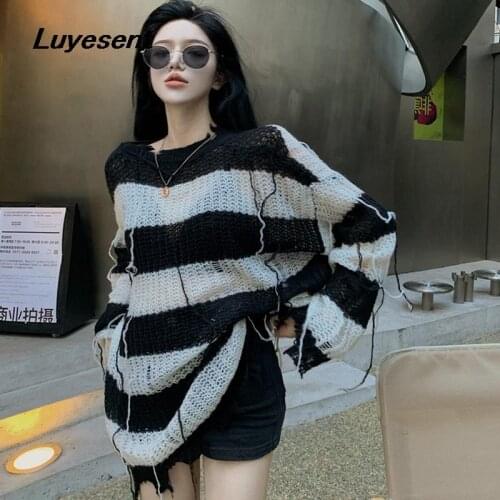 Gothic Lady Loose Thin Striped Pullover Sweater Autumn Women Hollow Out Broken Tassel Knit Sweaters Goth Korean Fashion Clothes