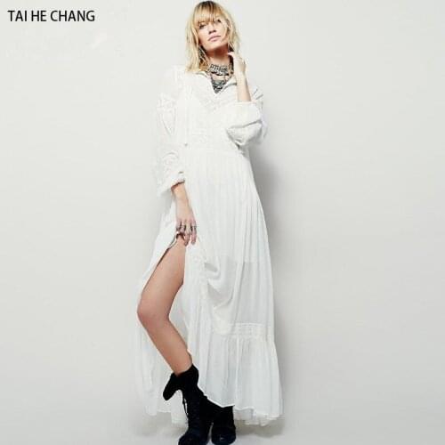 Women new fashion designer Vestidos elegant bohemian casual vintage runway full v-neck loose long sleeve maxi sexy dress