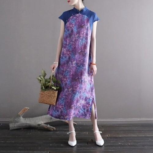 2042 Loose Digital Ramie Print Dress Summer Womens Chinese Style Improved Stand Collar Cheongsam Women;s Clothing