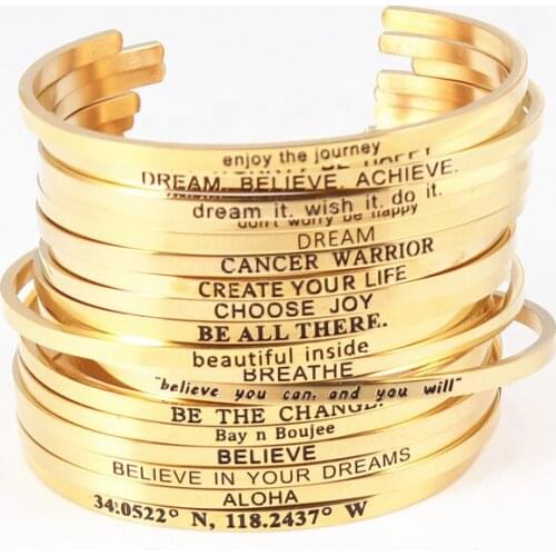Gold Newest Inspirational Quote Mantra Bracelets Stainless Steel Open Cuff Bangle Fashion Women Female Inspirational Jewelry