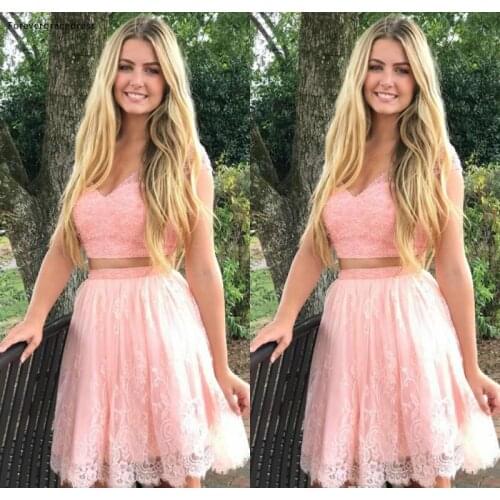 2019 Cheap Pink Lace Short Homecoming Dress A Line V Neck Juniors Sweet 15 Graduation Cocktail Party Dress Plus Size Custom Made