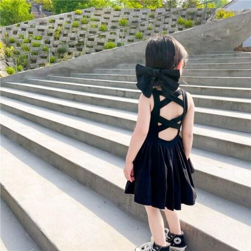 2021 Summer Girls Dress black Cute Cross Open Back Dresses Fashion Childrens Clothing