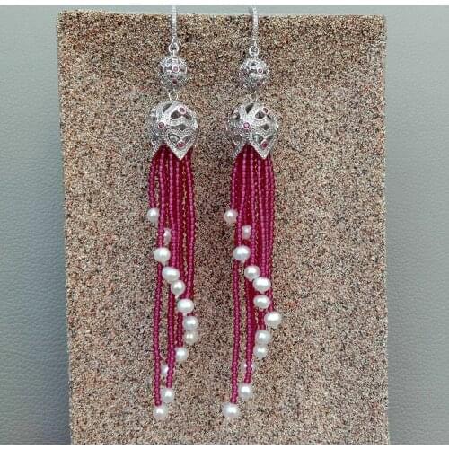 4-5MM freshwater White Pearl Round Red 2MM Garnet Zircon Pave lever back Earrings