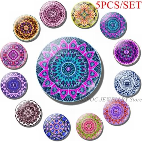 5PCS/SET Mandala 25mm Glass Cabochon Dome Jewelry Dature Stramonium Datura L Colorful Flower Art Yoga Buddhist Ornaments