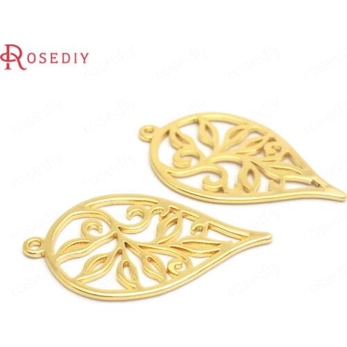 37378)6PCS 29.5x17MM 24K Gold Color Brass Drop Shape Tree Leaf Leaves Charms Pendants High Quality Jewelry Making Supplies