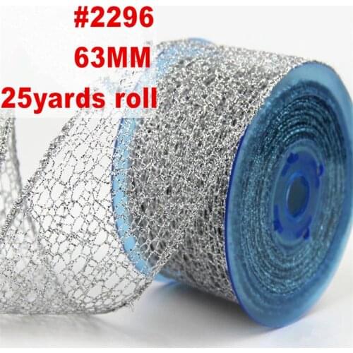 63mm X 25yards Silver Net Glitter Wired Edge Christmas Ribbon for Gift Bow Wedding Cake Wrap Tree Decoration N2296