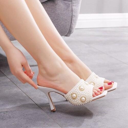 9cm square head stiletto sandals and slippers summer pearl fish mouth shallow mouth banquet dress plus size female sandals