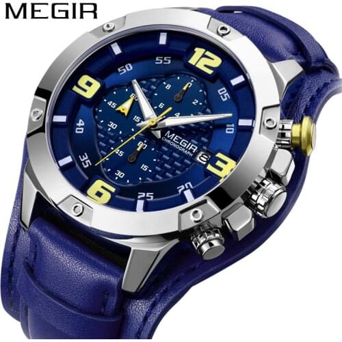 MEGIR Top Brand Luxury Mens Watches Male Clocks Date Sport Military Clock Leather Chronograph Quartz Business Men Watch Gift
