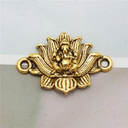 Julie Wang 10PCS Ganesha Connector Antique Gold Color Lotus Alloy Bracelet Pendant Jewelry Making Metal Accessory