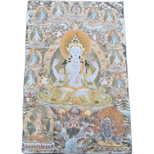 China old Tibet silk Thangka like hanging painting fengshui Tibetan Four arm Buddha