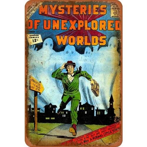 Metal Tin Sign Vintage Shabby Chic Style MYSTERIES OF UNEXPLORED WORLDS Plaque Magazine Poster 20x30 Inche