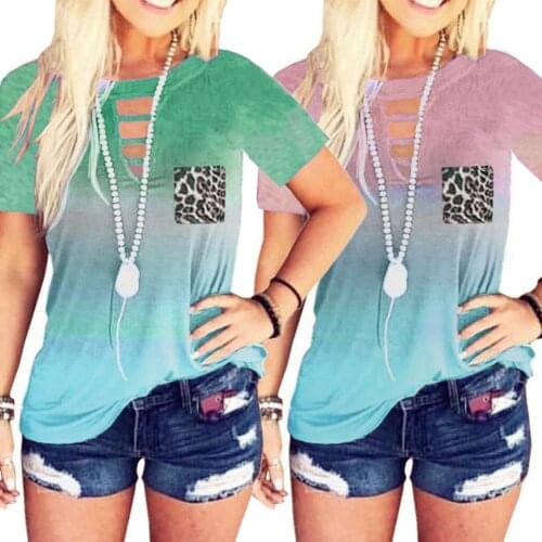 Fashion Women Gradient Color Short Sleeve Round Neck T-shirt Tee Top Blouse
