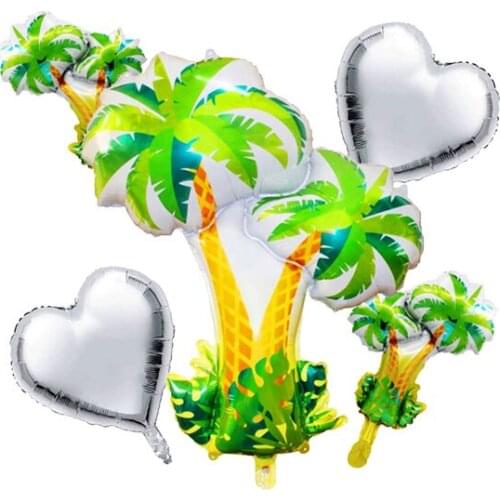5 pcs Palm Trees Giant Foil Balloons Kit,2 Pcs 18 Inch Heart & 2 pcs Mini Palm Tree Balloons for Hawaiian Luau Party