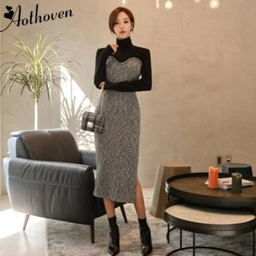 Autumn Winter Dresses Patchwork Turtleneck Long Sleeve Elasticity Womens Dress Office Elegant Bandage Bodycon Sexy Party Dress