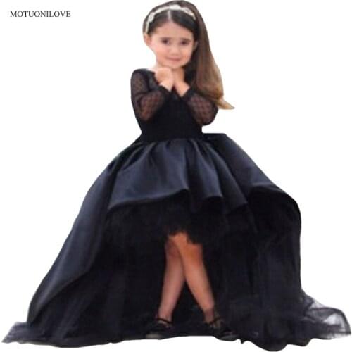 Long Sleeves O Neck High Low Princess Pageant Dresses Black Short Front Long Back First Communion Dresses Kids Party Prom Gowns
