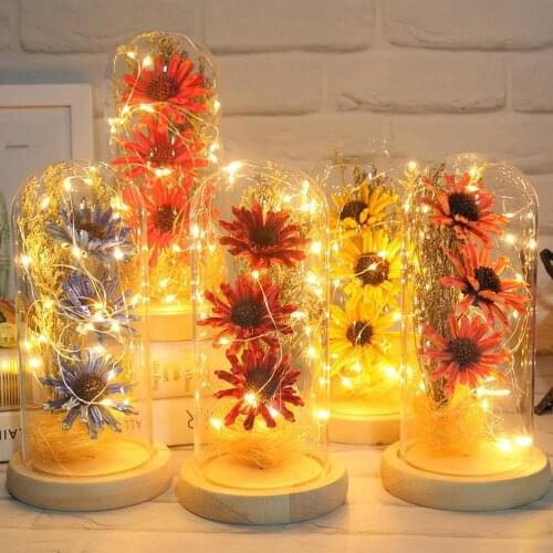 Romantic Gift For Women Valentines Day Dried Sunflower LED Light String In Glass Dome On Wooden Base Wedding Party Decor