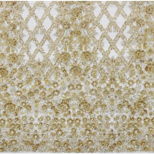 Luxury Gold Embroidery Sequins Beaded Bridal Fabric Tulle Mesh Beading Lace for Nigerian Evening Gowns 5 Yards HY1448